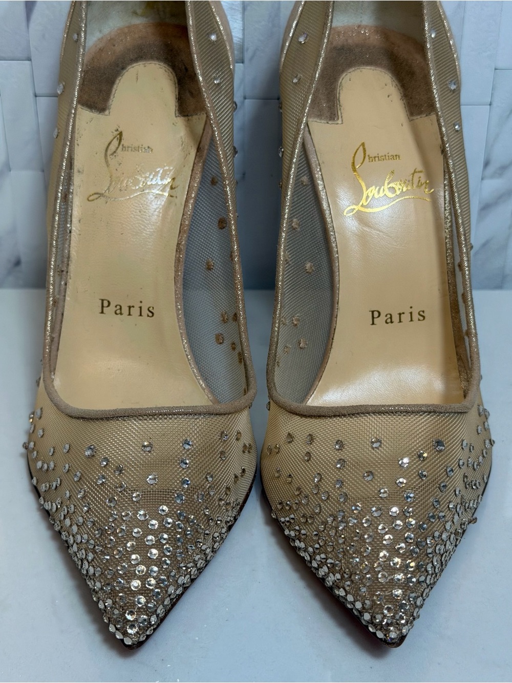 💎Christian Louboutin Nude Follies Strass Suede Rhinestones Heels 100 Size 39 - Picture 10 of 15